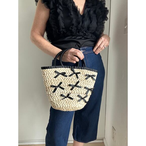 Wicker Handbag with little Black Bows chic Cute Top Handle bags It Girl - Picture 5 of 5